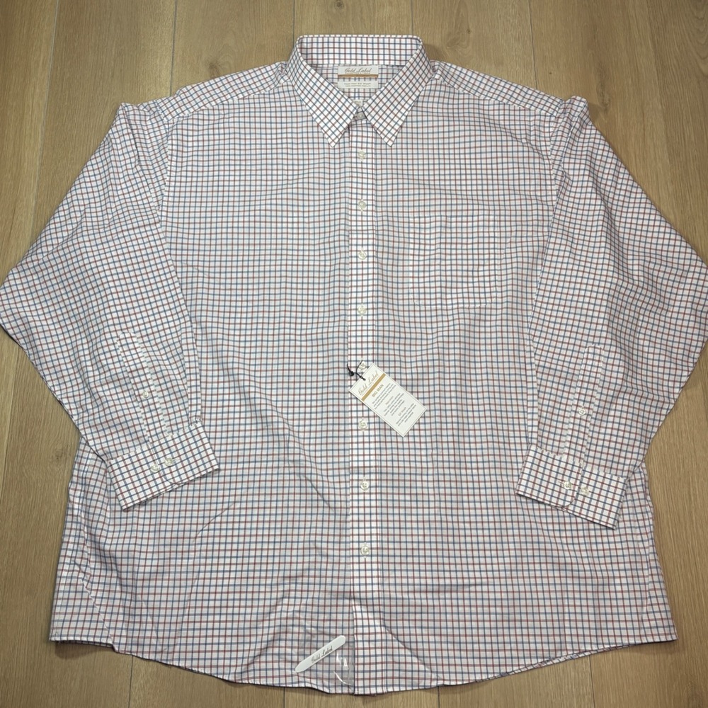 Roundtree & Yorke Gold Label Dress Shirt Mens 19 36/37 Big Non-Iron Check Blue
